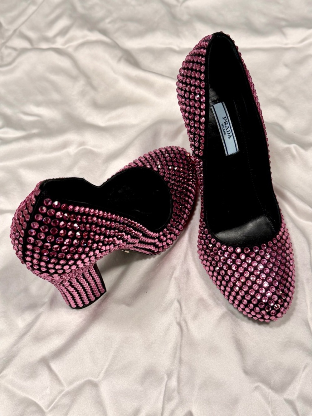 Prada Pink Crystal-Studded Mid-Heel Pumps